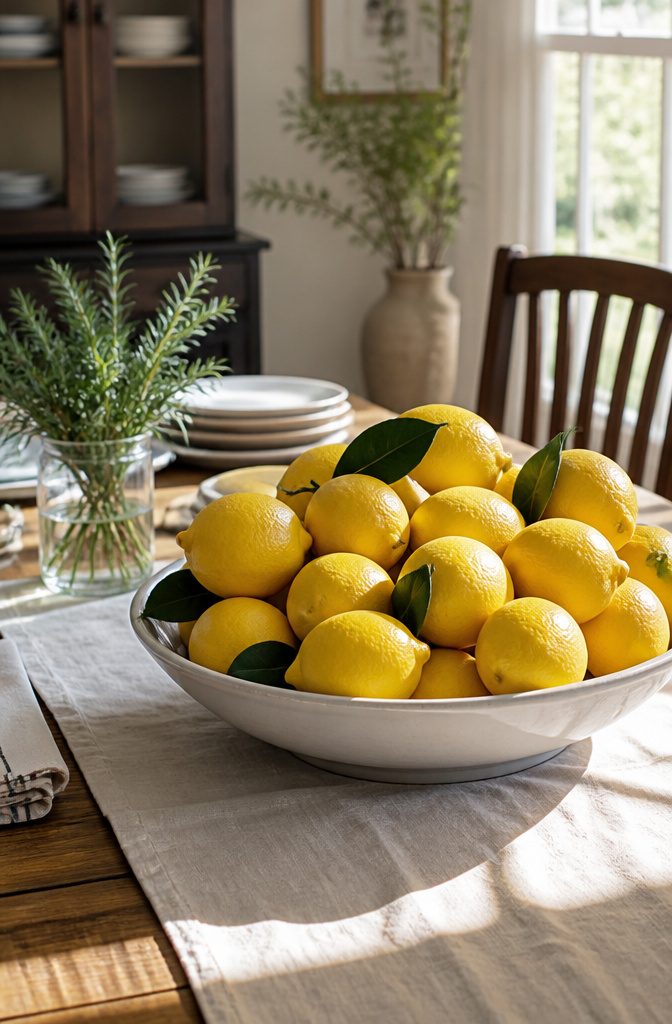 A set of artificial yellow lemons in a bowl on a table.