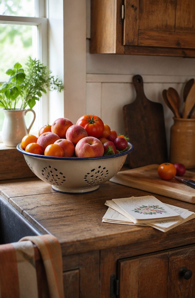 A vented enamel bowl filled with fruits on a kitchen counter.