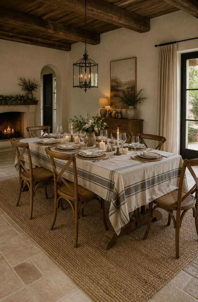 A striped linen tablecloth draped over a dining table.