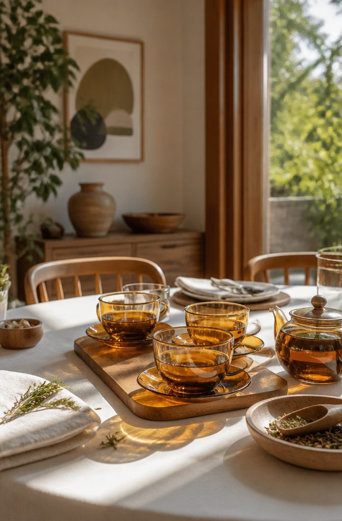 A set of amber glass tea cups arranged on a tea table.
