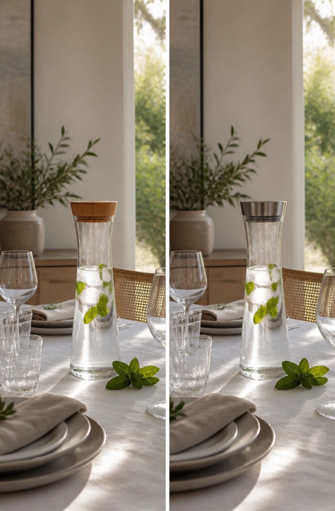 A glass water pitcher with a wooden lid on a dining table.