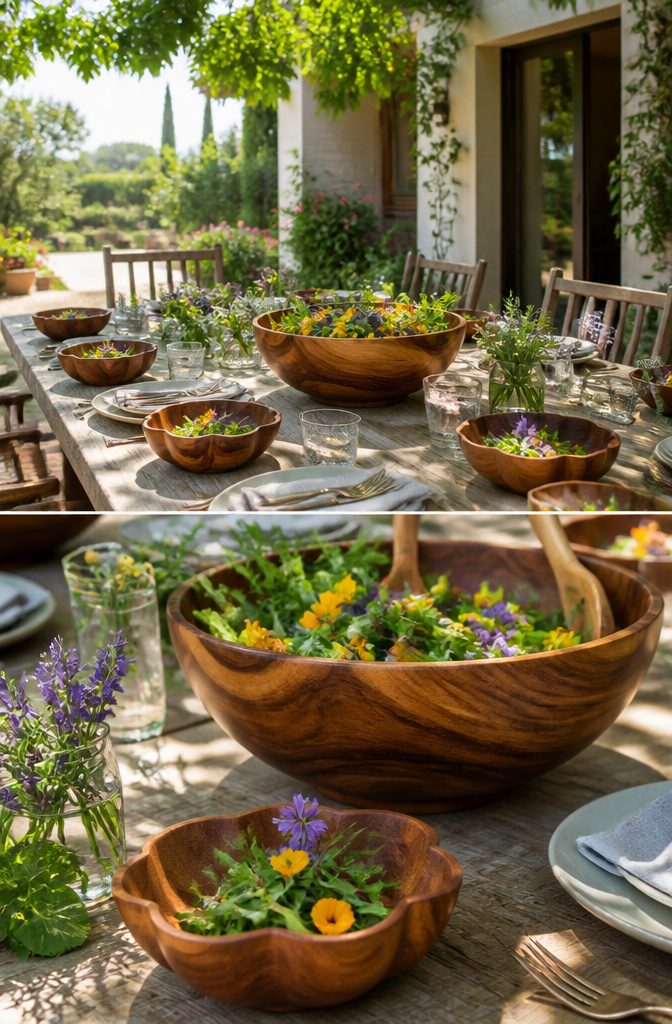 An acacia wood serving bowl on a dining table.