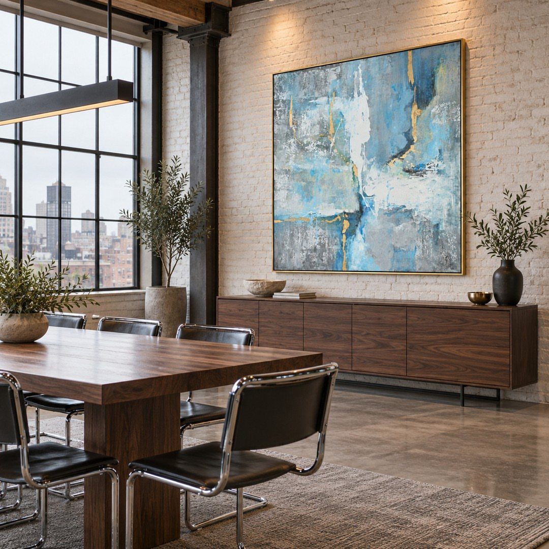 Large abstract blue and white painting hanging on a white brick wall above a wooden sideboard.