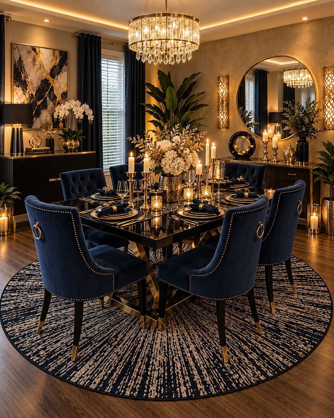 Navy blue velvet upholstered dining chairs arranged around a black and gold dining table.