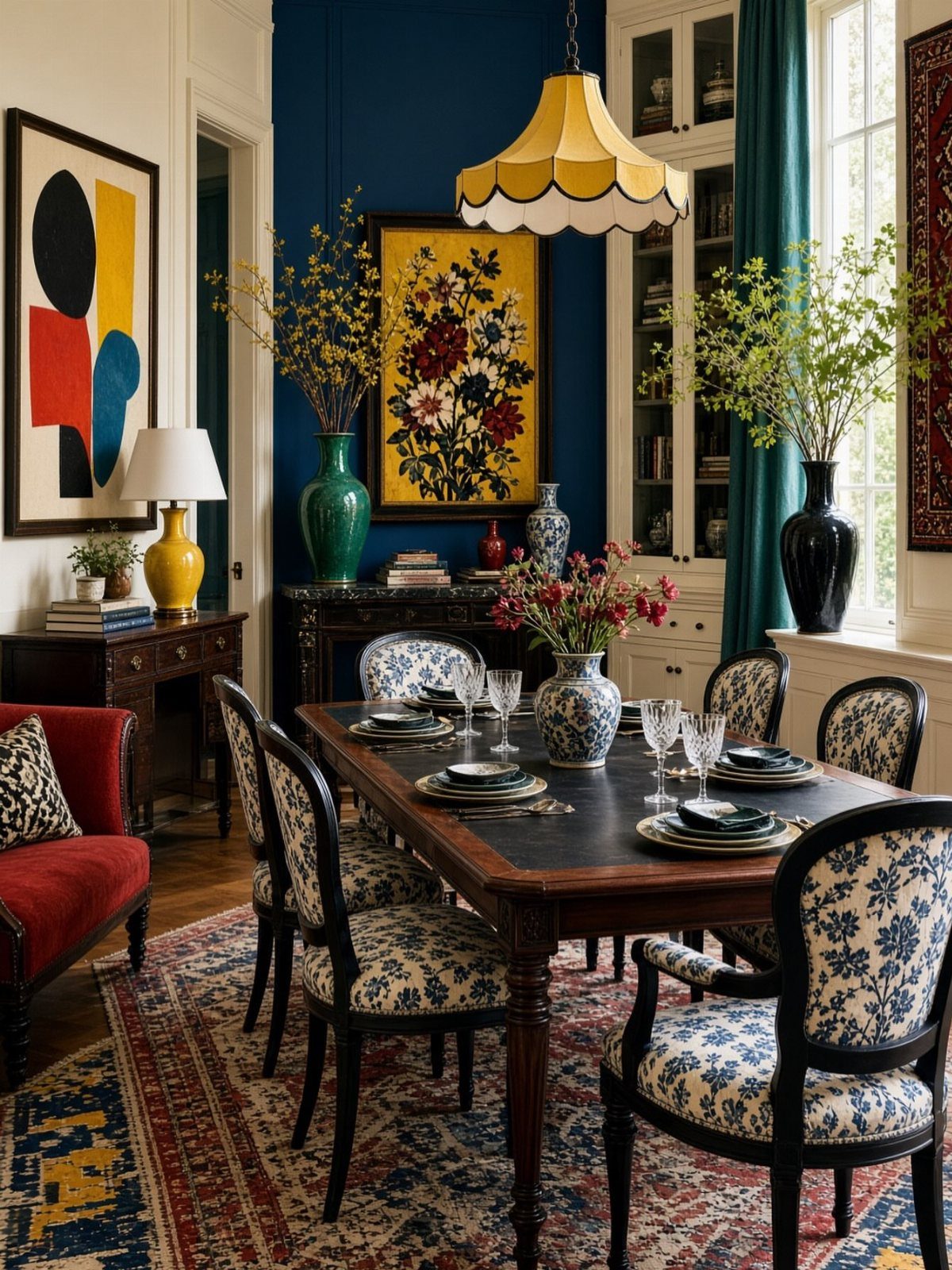 Dining room with blue walls, patterned chairs, and a large yellow scalloped pendant light hanging over the table.
