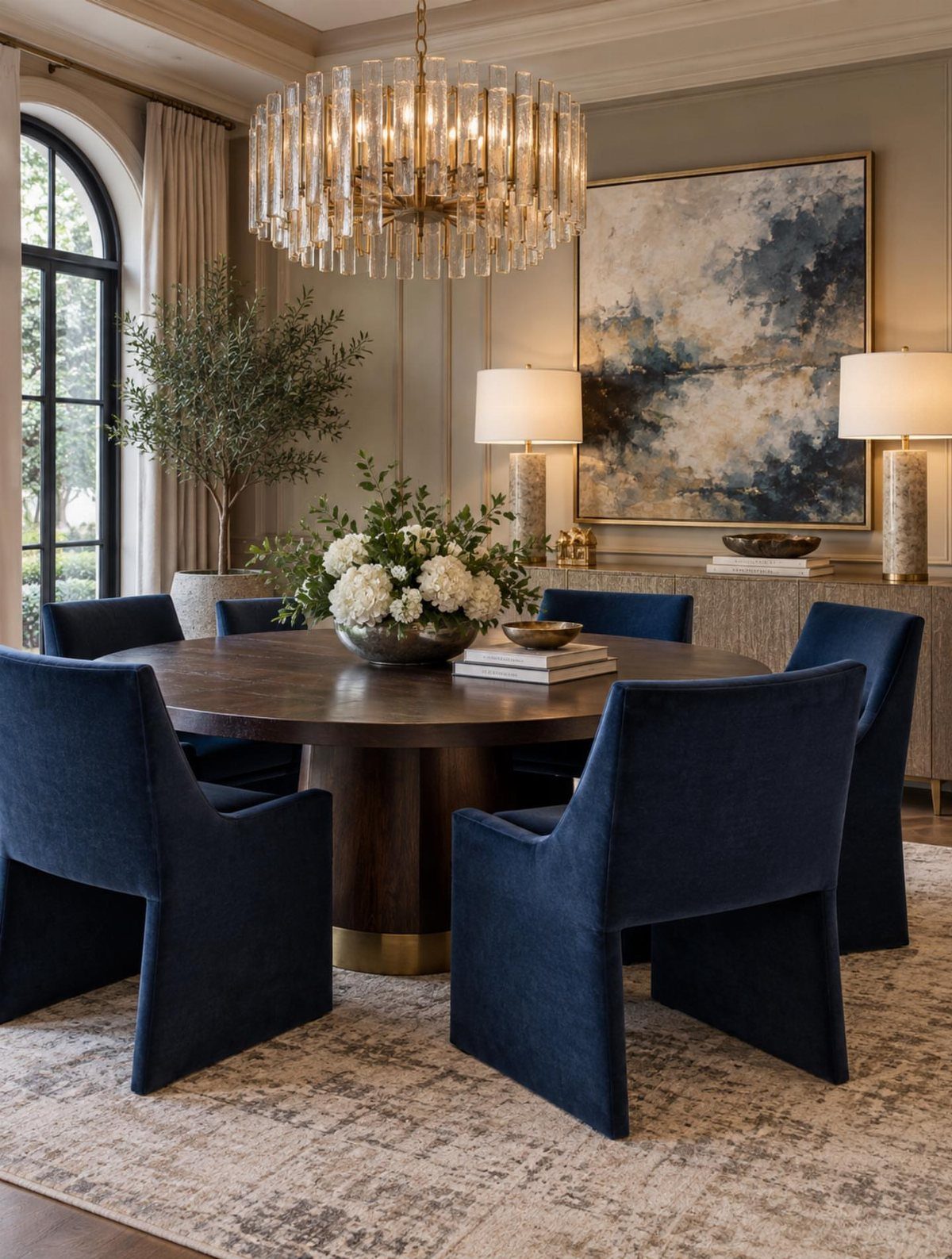 Navy blue upholstered chairs surrounding a dark wood dining table under a crystal chandelier.