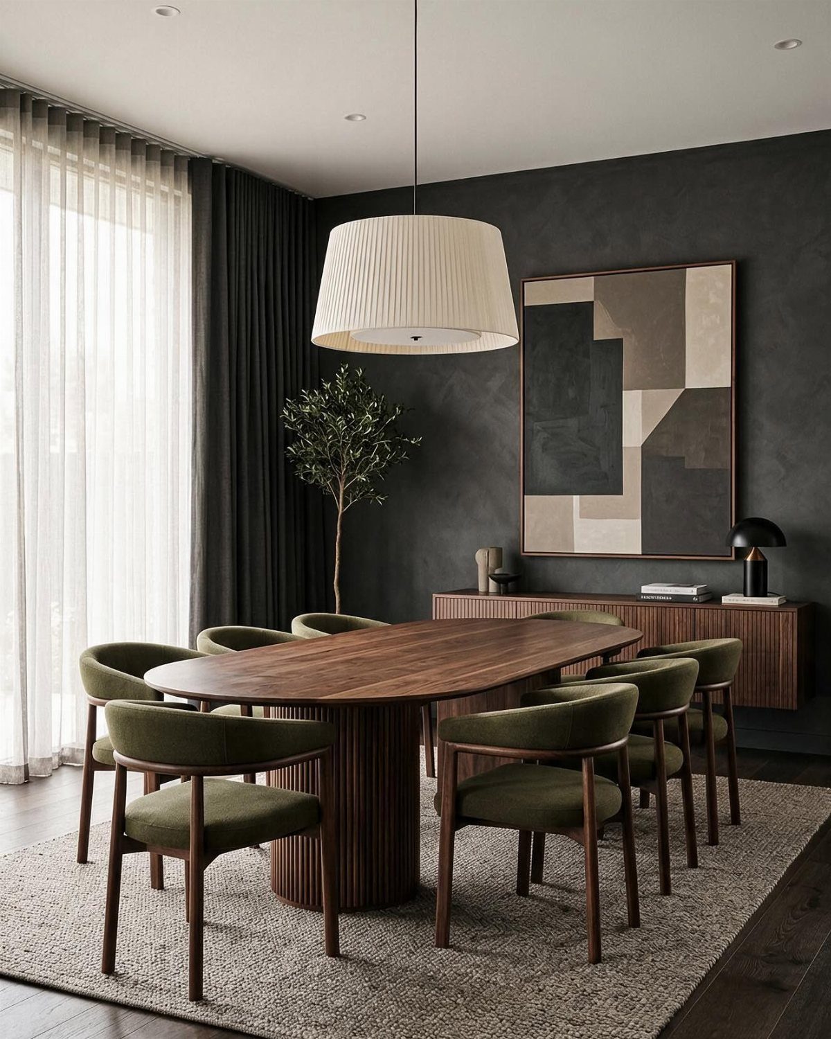 Dark wood oval dining table surrounded by green upholstered chairs in a modern dining room.