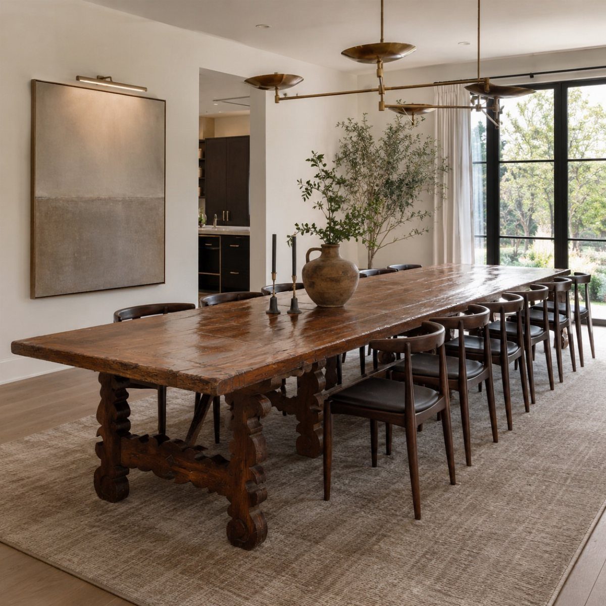 A long dark wood dining table with a trestle base and matching chairs in a bright room.