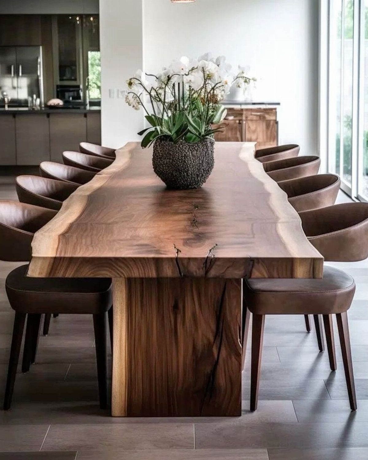 A long dark wood dining table with a live edge and floral centerpiece in a modern room.