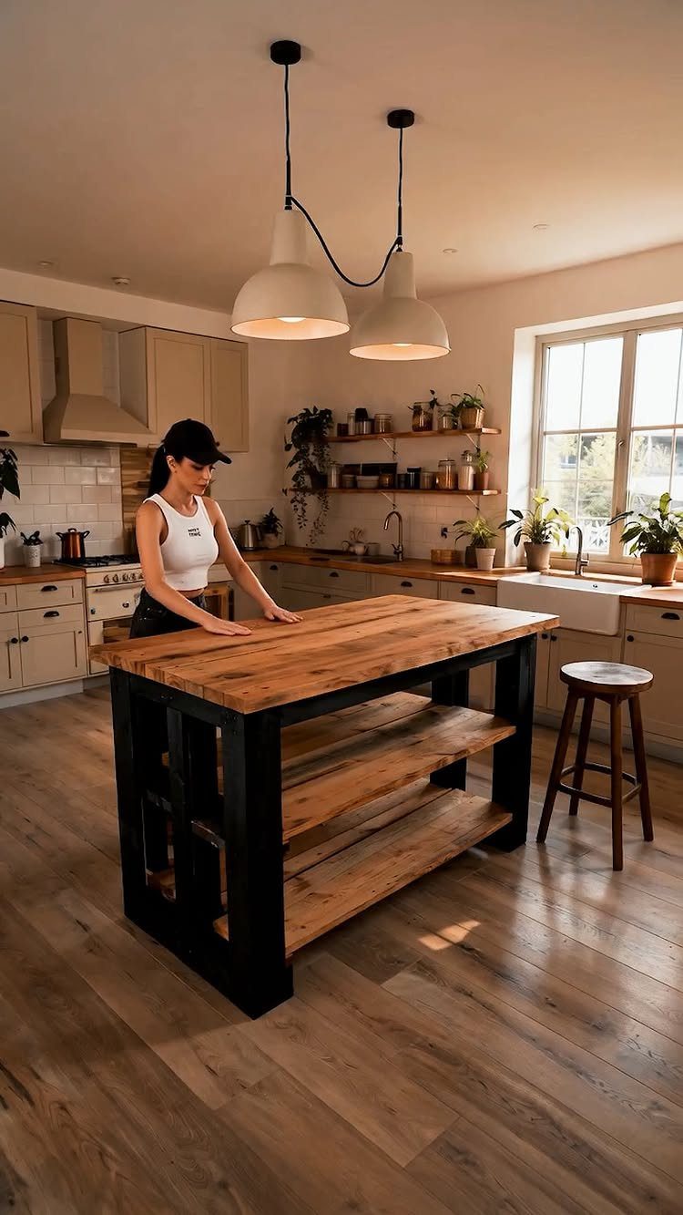 A woman touches a large wooden kitchen island with a thick butcher block top in a bright kitchen.