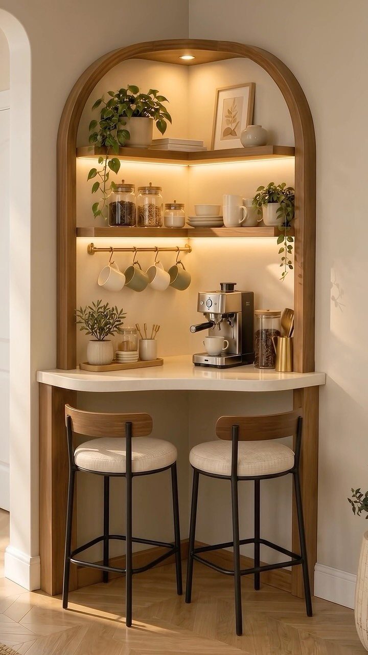 A wooden arched corner coffee bar station with an espresso machine and two bar stools.