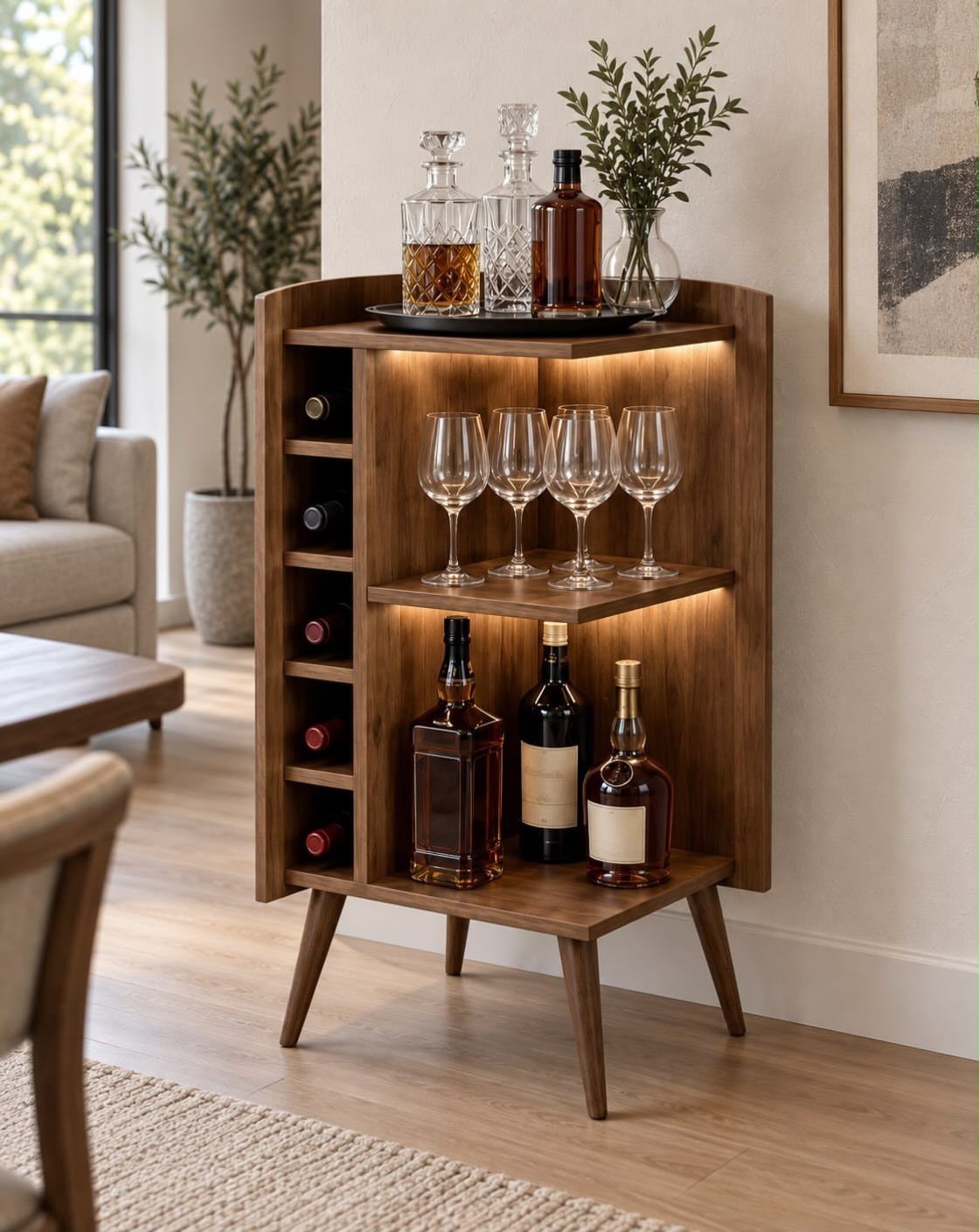 Wooden corner bar unit with integrated lighting, wine bottle cubbies, and various liquor bottles and glassware.