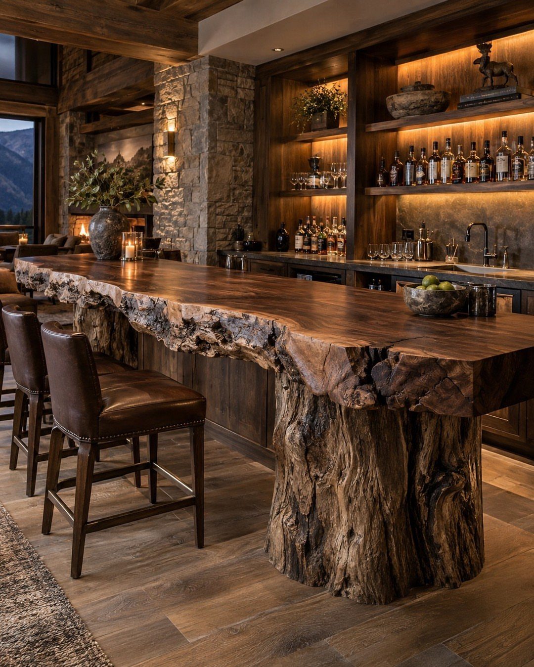 A rustic home bar with a thick live edge wood slab countertop and tree trunk base.
