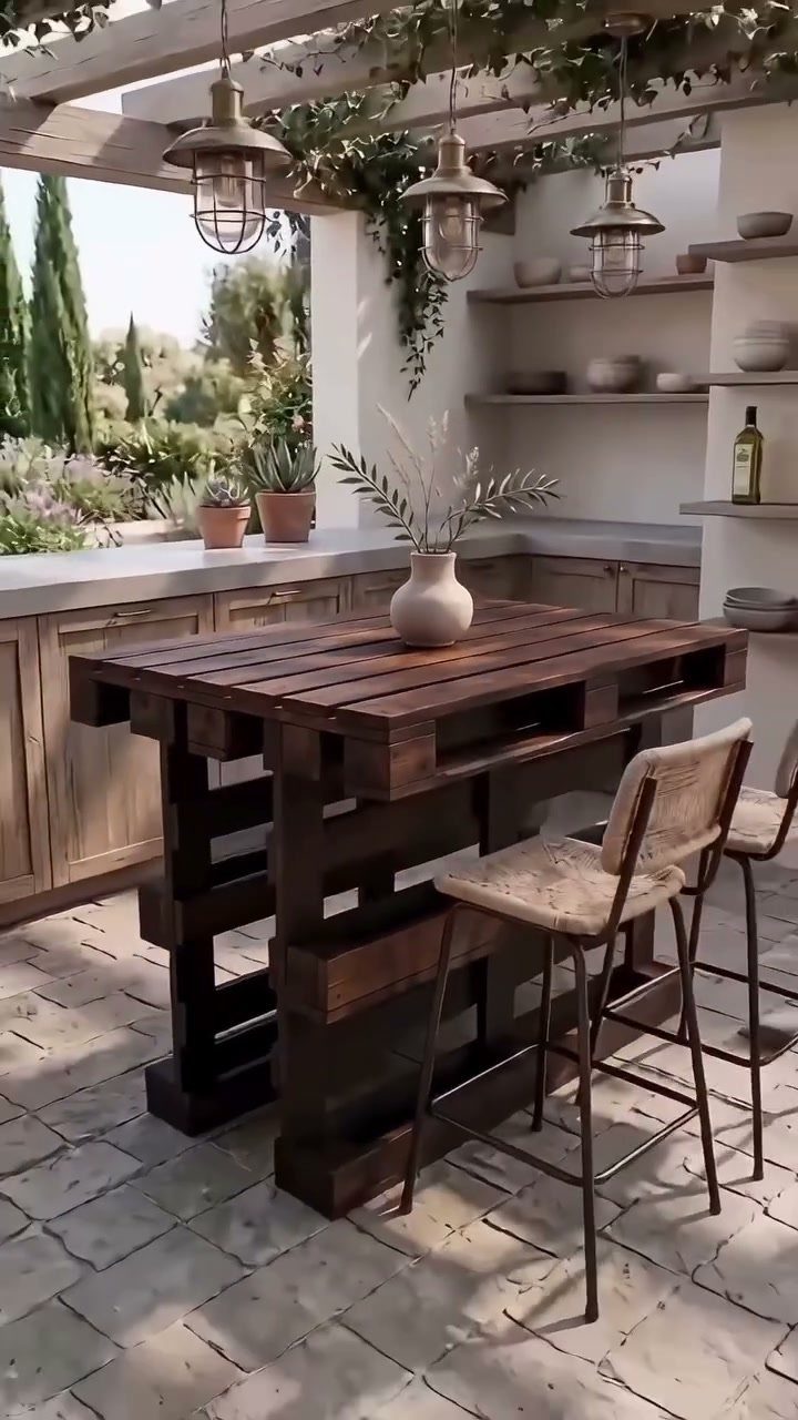 A dark wooden pallet bar with two wicker stools on a sunny stone patio.