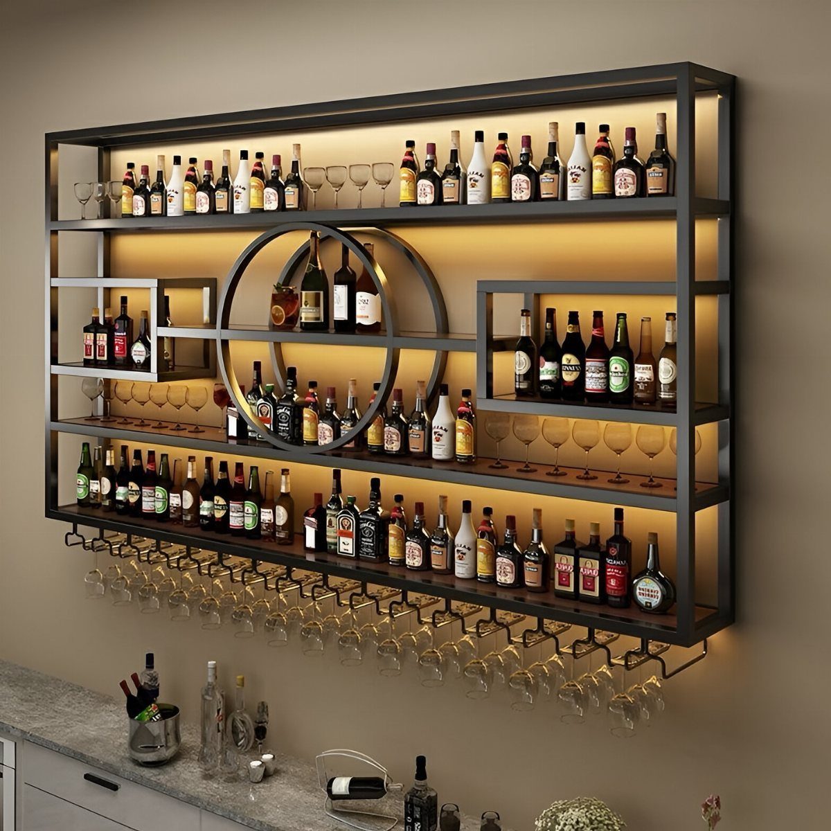 Black metal wall-mounted bar shelving unit with illuminated liquor bottles and hanging wine glasses.