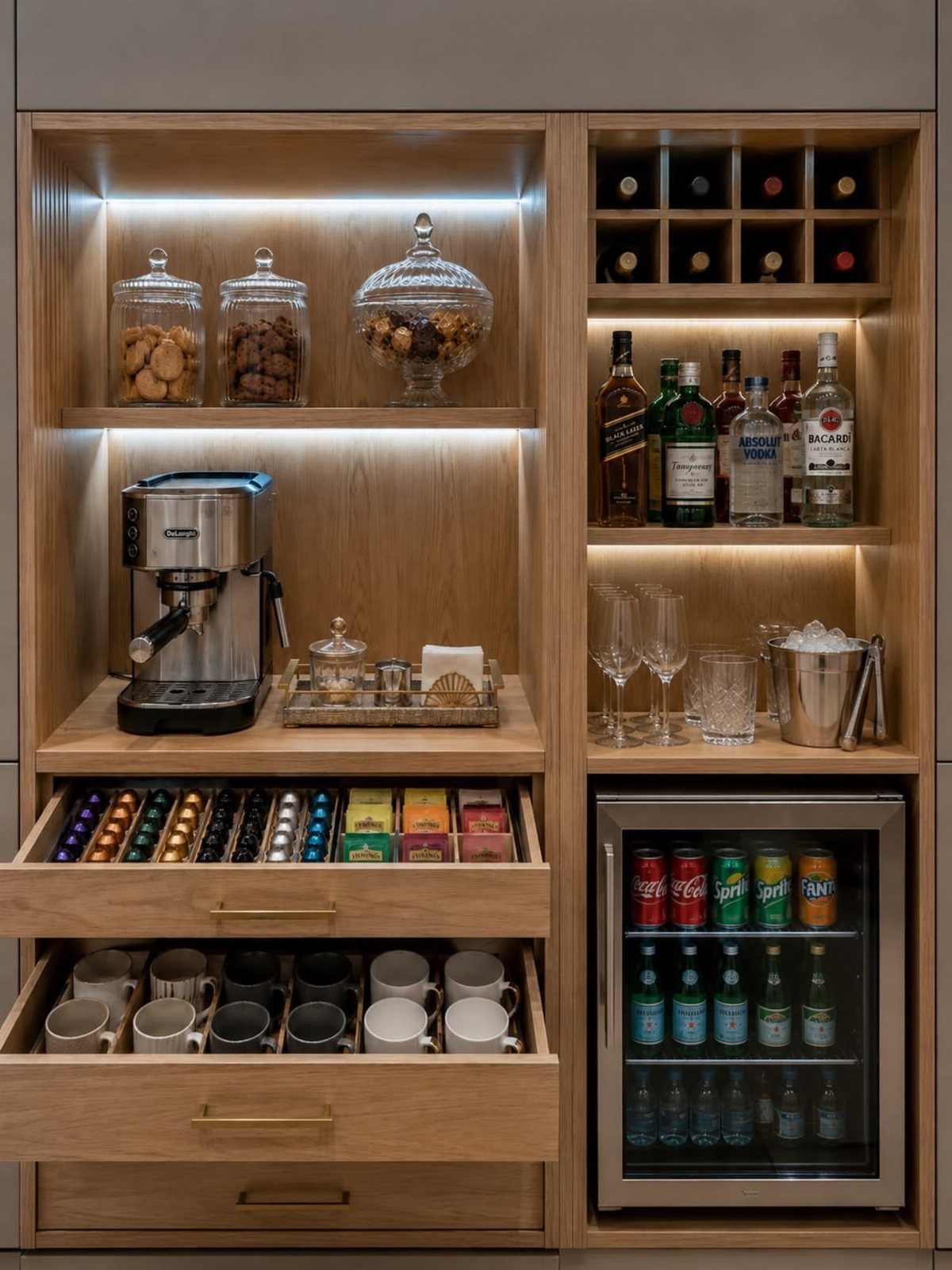 A wooden built-in coffee bar cabinet with integrated lighting, espresso machine, liquor, and beverage fridge.