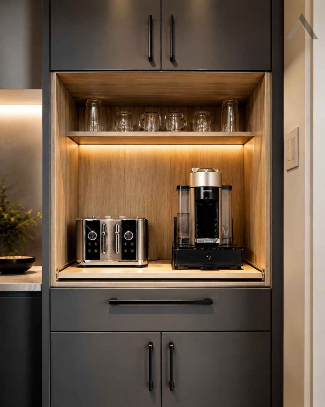 A dark grey armoire cabinet with a wooden interior and warm LED lighting illuminating coffee appliances.