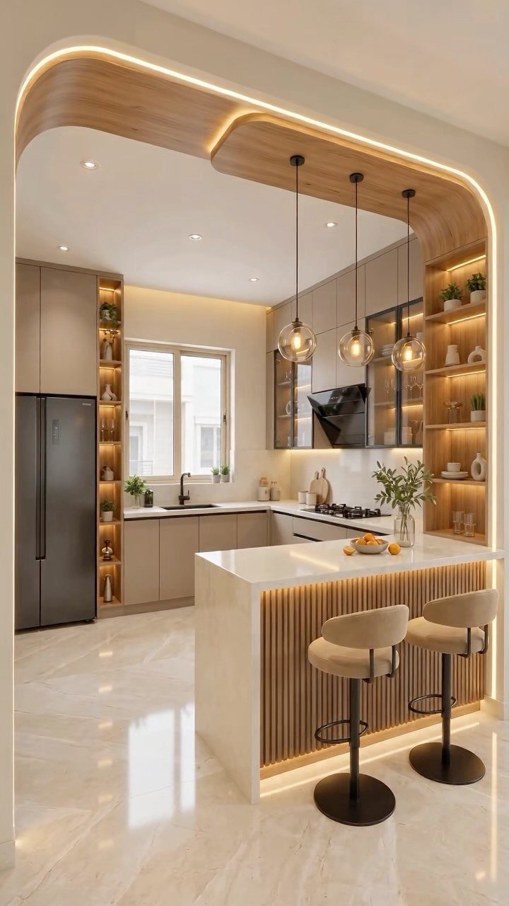 Modern kitchen with a white marble island, wooden slat accents, and beige bar stools under pendant lights.