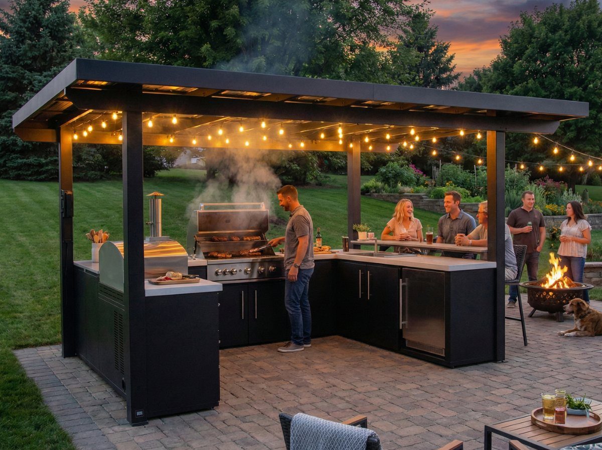 A man cooking on a built-in griddle within a modern black outdoor kitchen structure.
