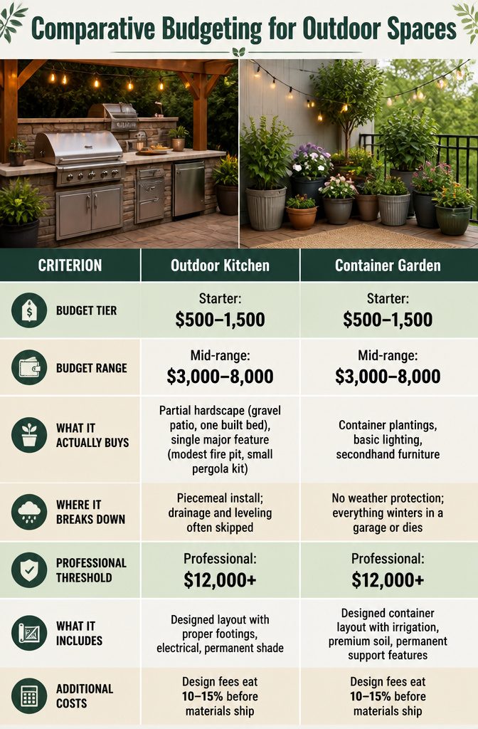 A table comparing budgeting tiers for outdoor projects.