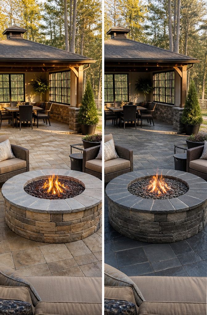 An outdoor space with a fire pit and seating for cold weather.