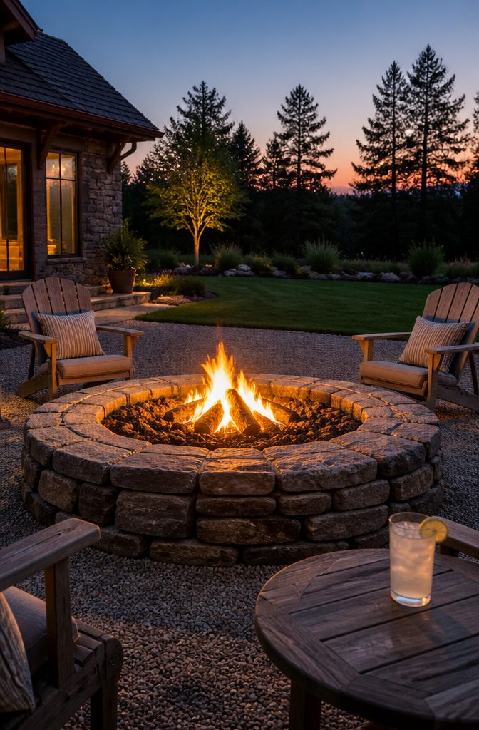 A built-in fire pit with seating arranged around it.