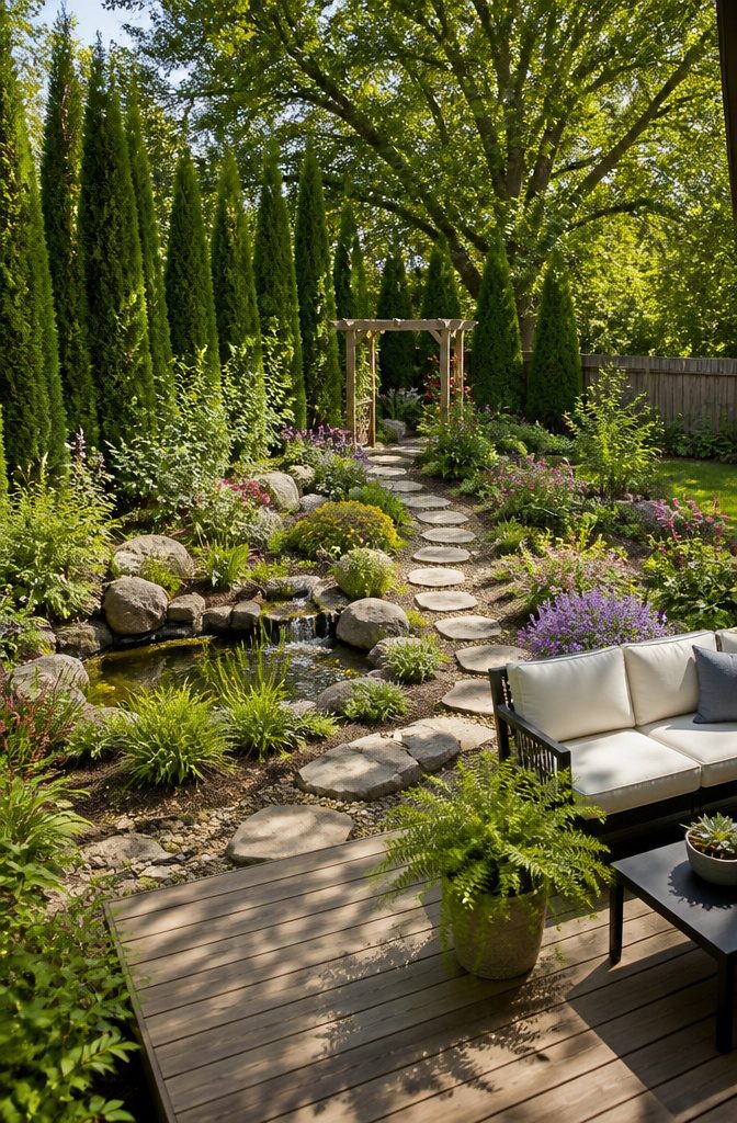 A landscaped yard with various shrubs and flowers.