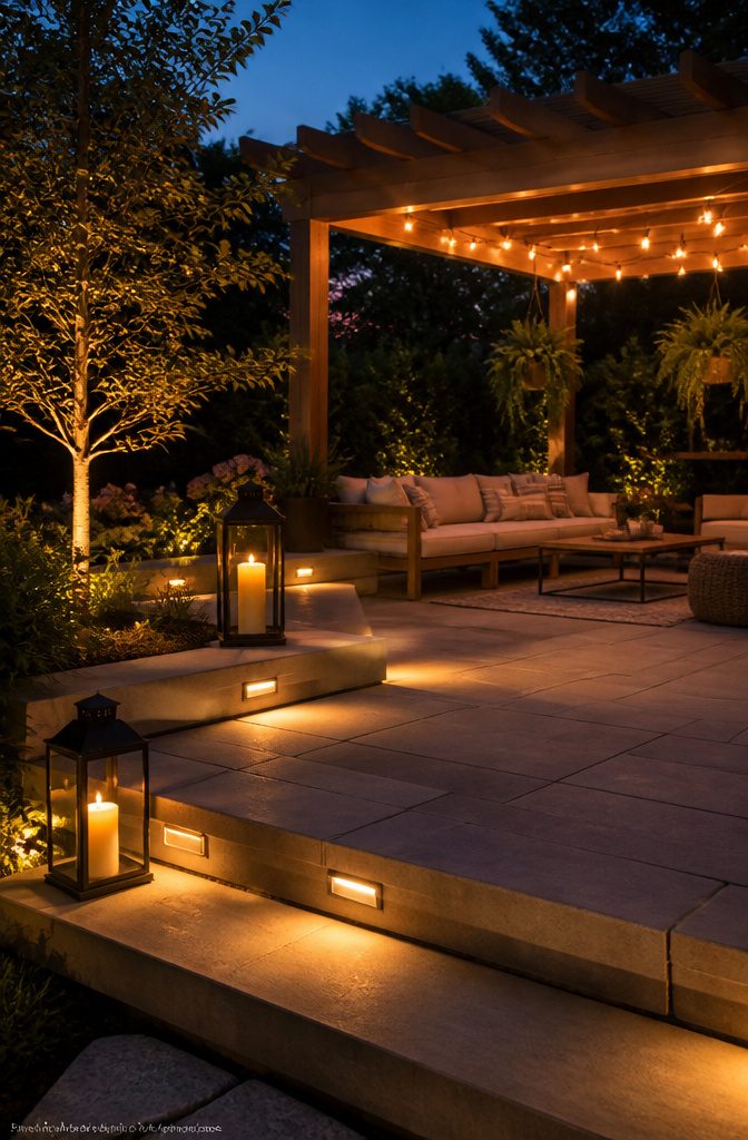String lights and lanterns illuminating an outdoor space.