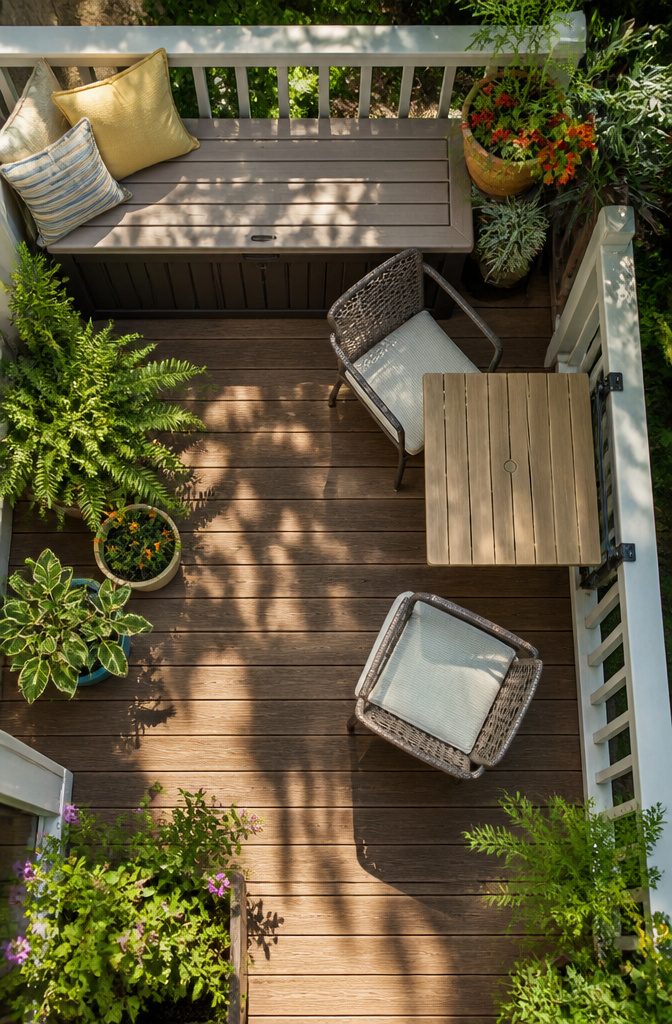 A storage bench on a small patio.