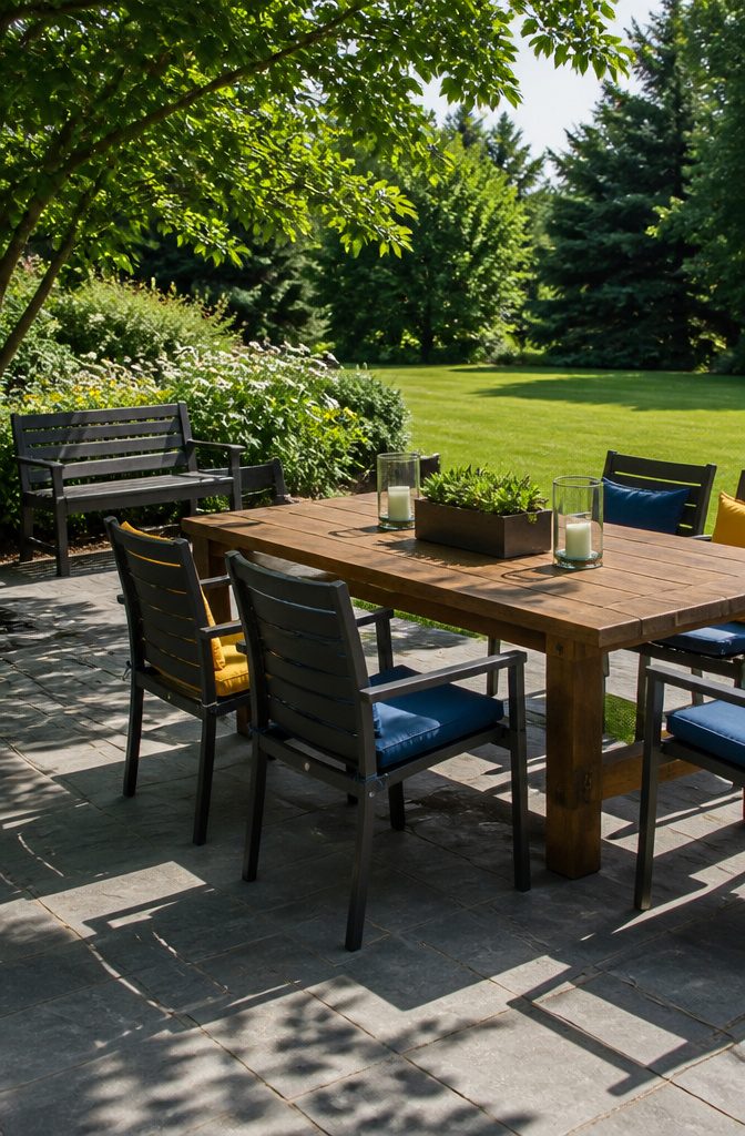 A patio with aluminum chairs and a wooden table.