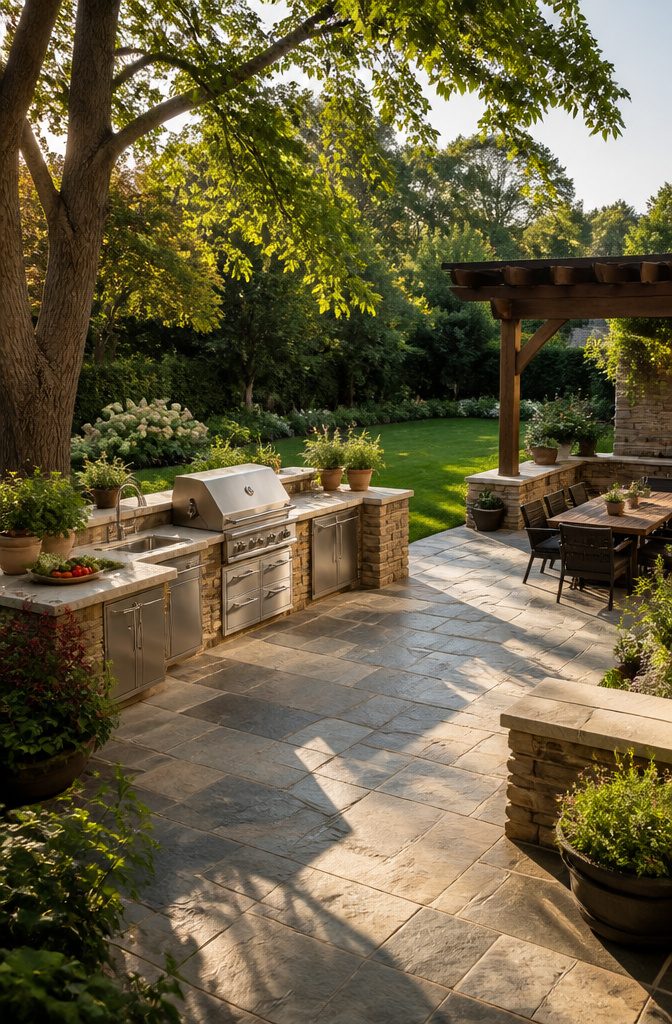 A stylish outdoor kitchen featuring a grill and sink.