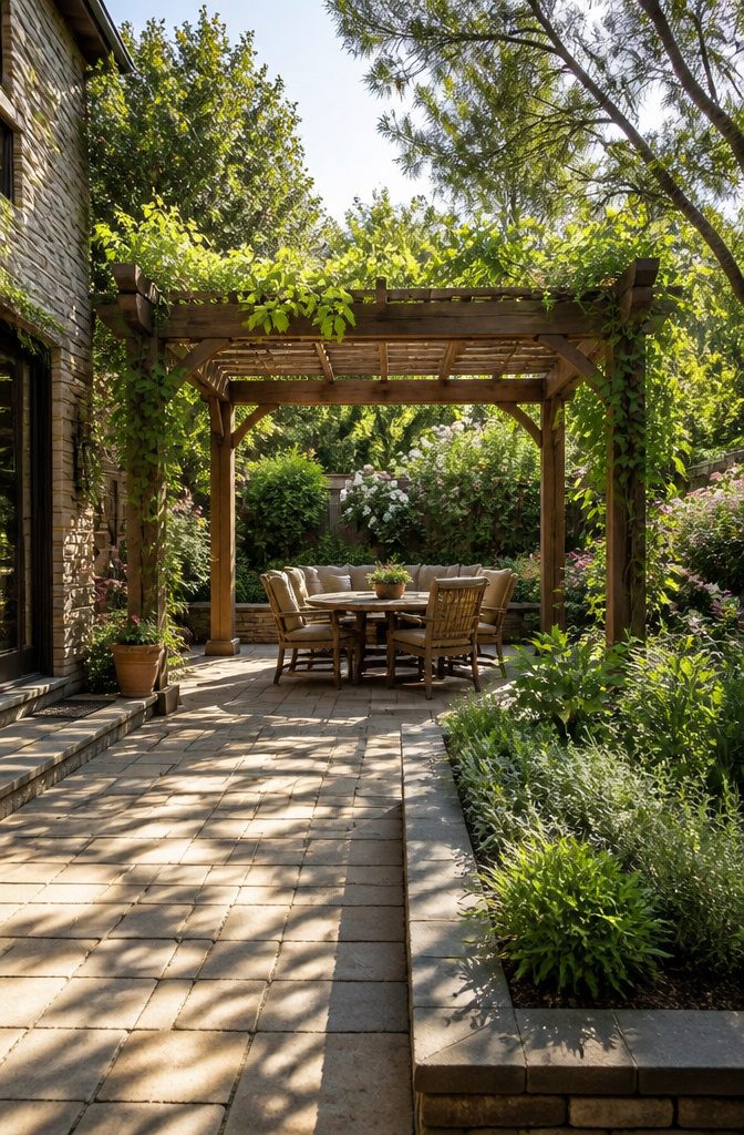 A wooden pergola with adjustable slats for shade.