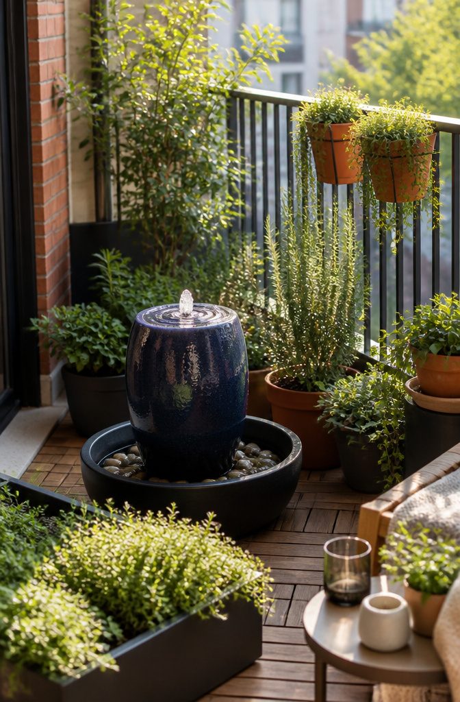 A small recirculating fountain with greenery around it.