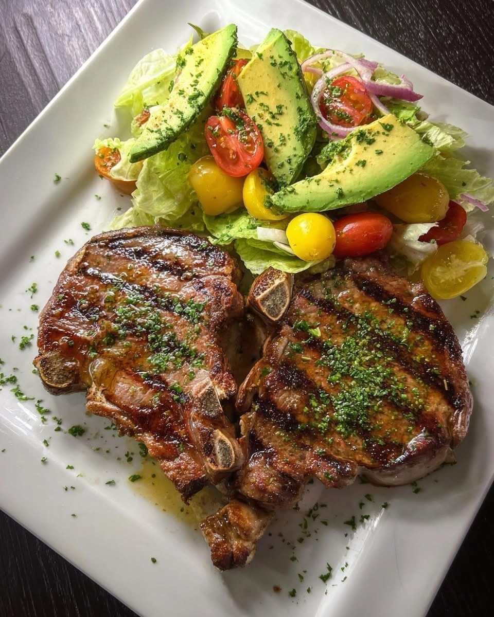 Two grilled bone-in pork chops garnished with herbs served with a fresh avocado and tomato salad.