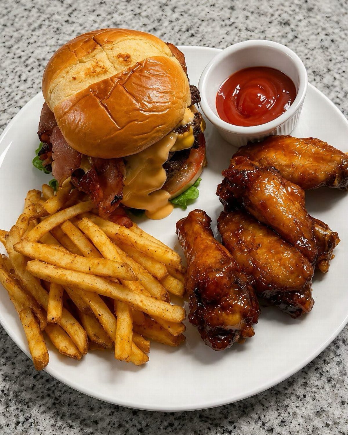 A burger with bacon and melted cheese served with french fries and chicken wings.