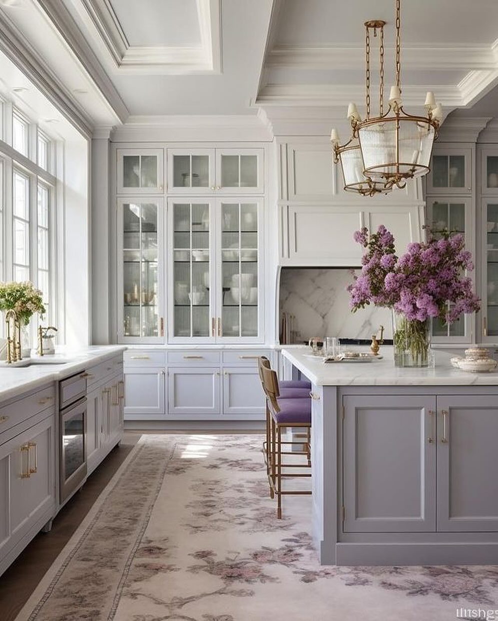 A bright kitchen with lavender-grey cabinetry, marble countertops, and purple lilac flowers on the island.