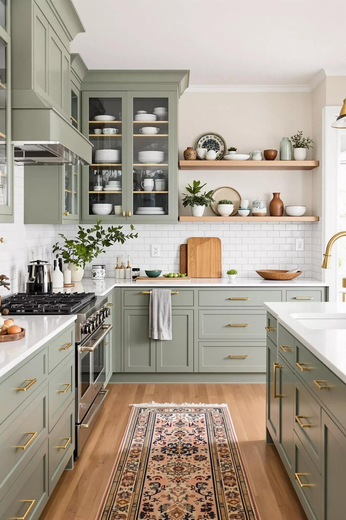 Sage green kitchen cabinets with light wood open shelving displaying ceramic dishes and plants.