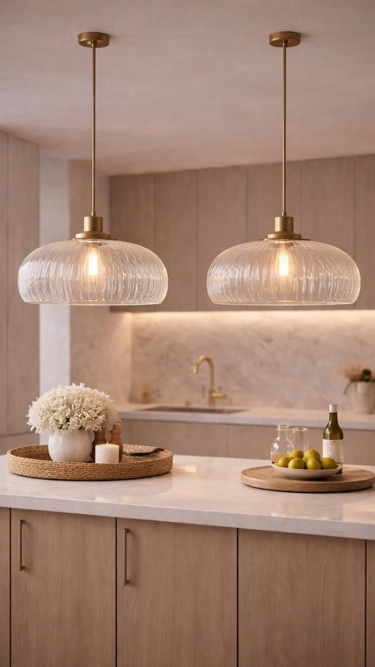Two ribbed glass pendant lights with brass stems hanging over a white marble kitchen island.