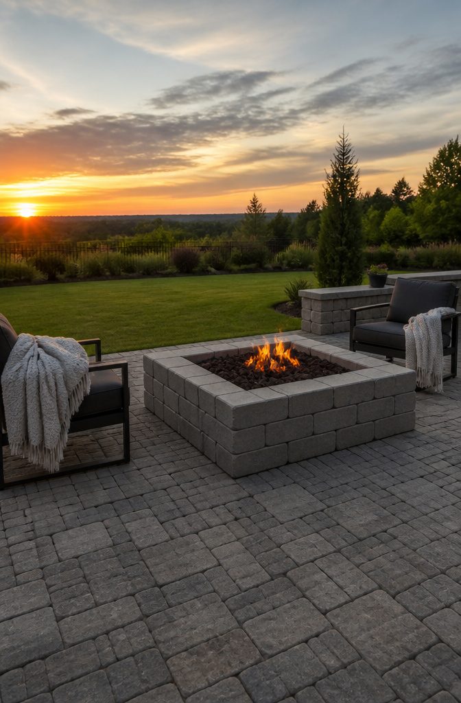 A cinder-block fire pit with a metal insert and outdoor seating.