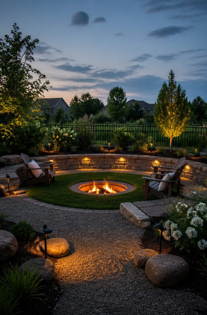An in-ground fire pit flush with the lawn, surrounded by grass.