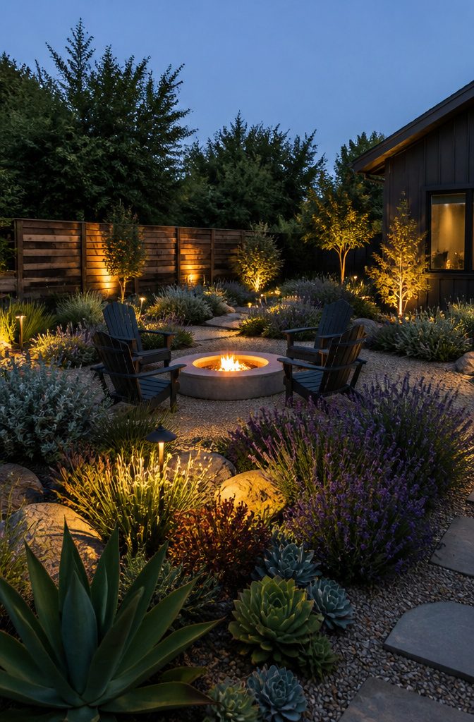 Low-growing plants like lavender and succulents near a fire pit.