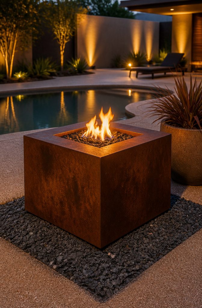 A Corten steel cube fire pit with a rustic appearance in a yard.