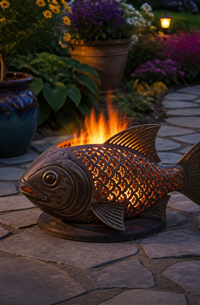 A novelty fire pit shaped like a fish in a backyard.