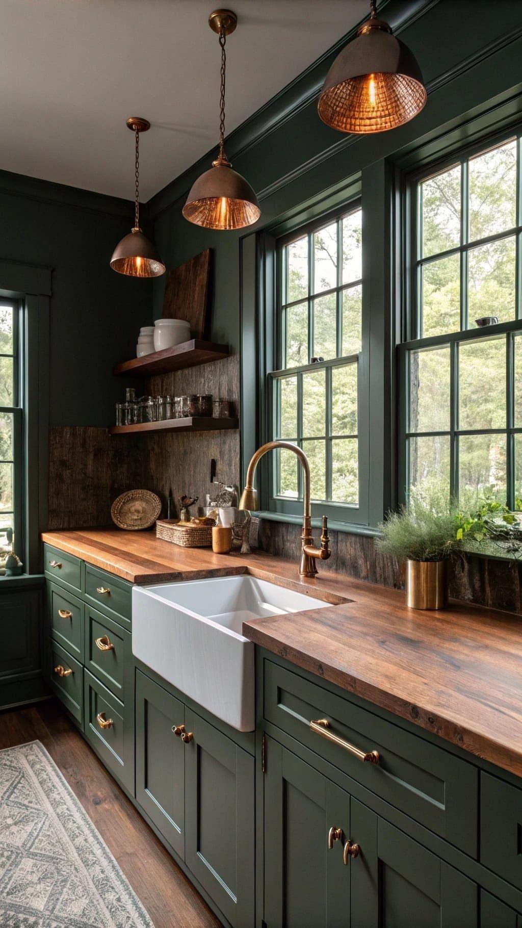 Green Kitchen Cabinets: 12 Ideas for Every Shade 6 Dark green kitchen cabinets with gold hardware and a wooden countertop featuring a white farmhouse sink.