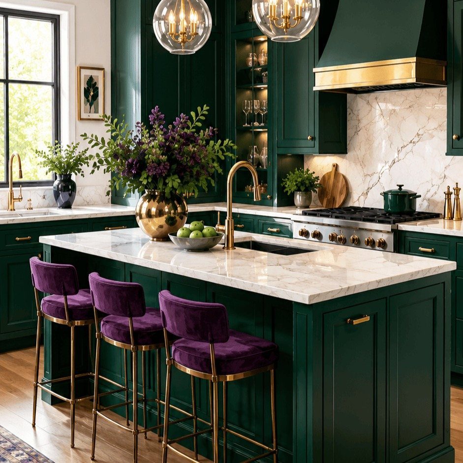 Green Kitchen Cabinets: 12 Ideas for Every Shade 10 Emerald green kitchen cabinets with marble countertops and purple velvet bar stools with gold legs.