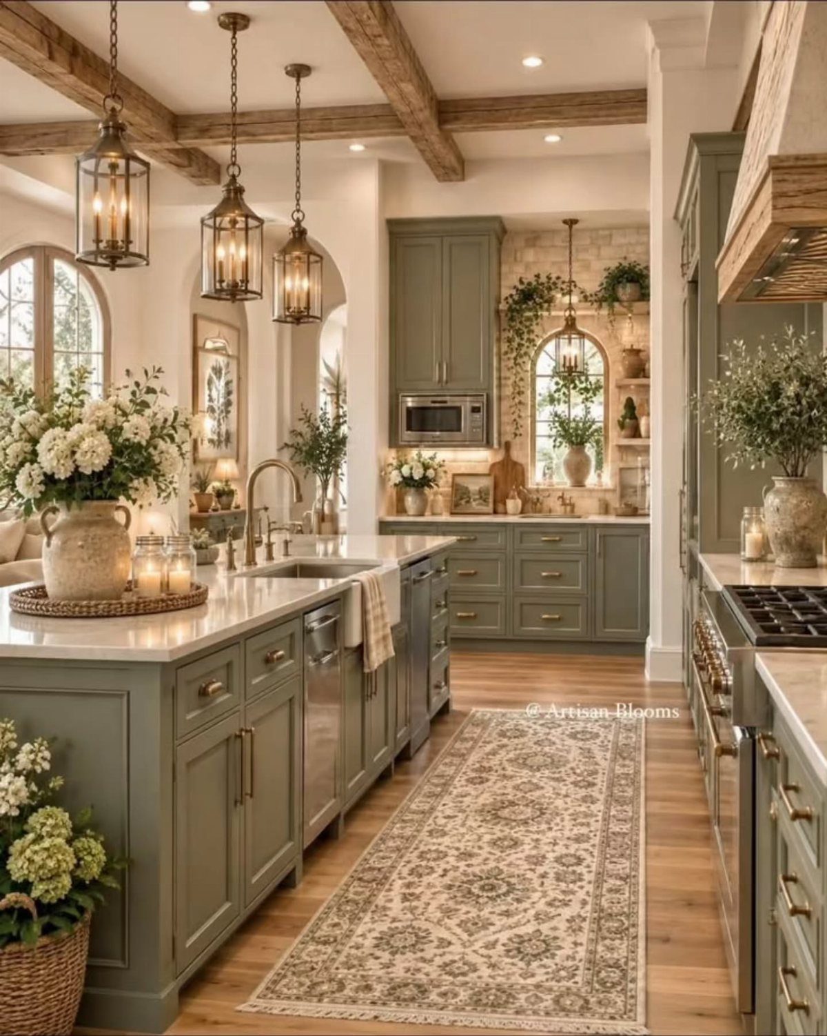 Green Kitchen Cabinets: 12 Ideas for Every Shade 12 Sage green kitchen cabinets paired with rustic wooden ceiling beams and light wood flooring.