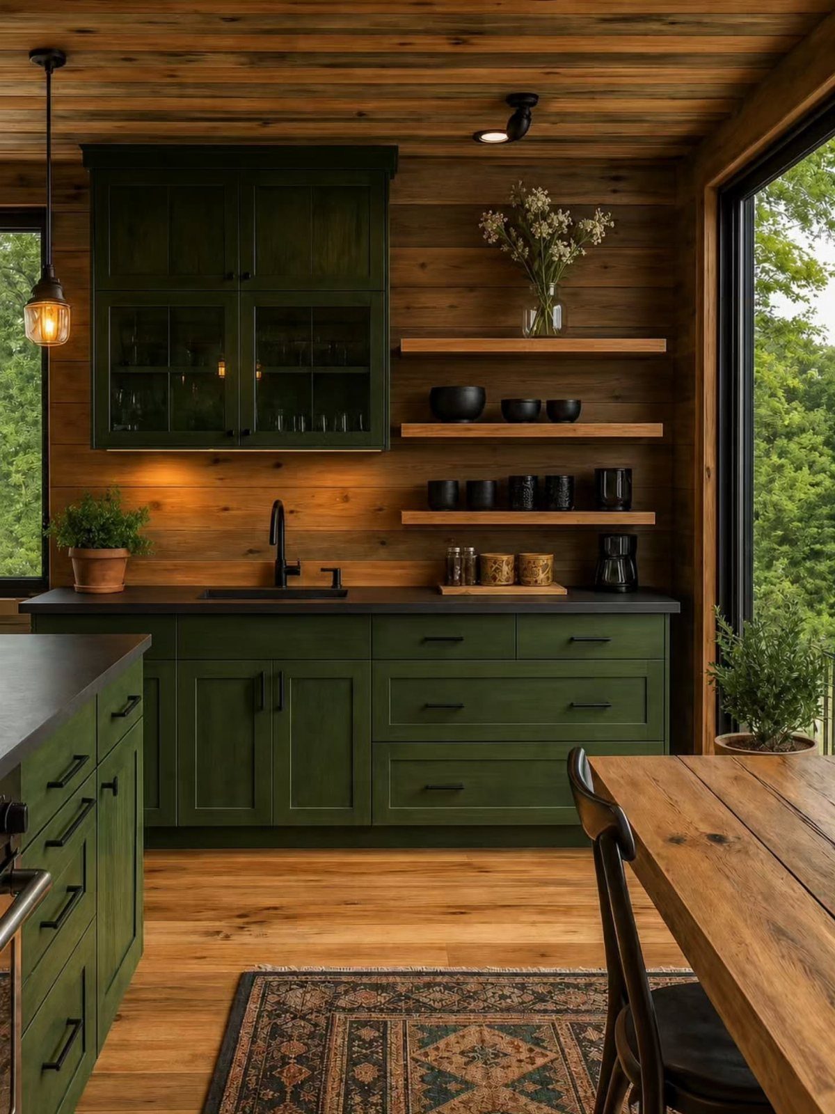 Green Kitchen Cabinets: 12 Ideas for Every Shade 5 Moss green kitchen cabinets with black hardware set against warm wood paneled walls and ceiling.