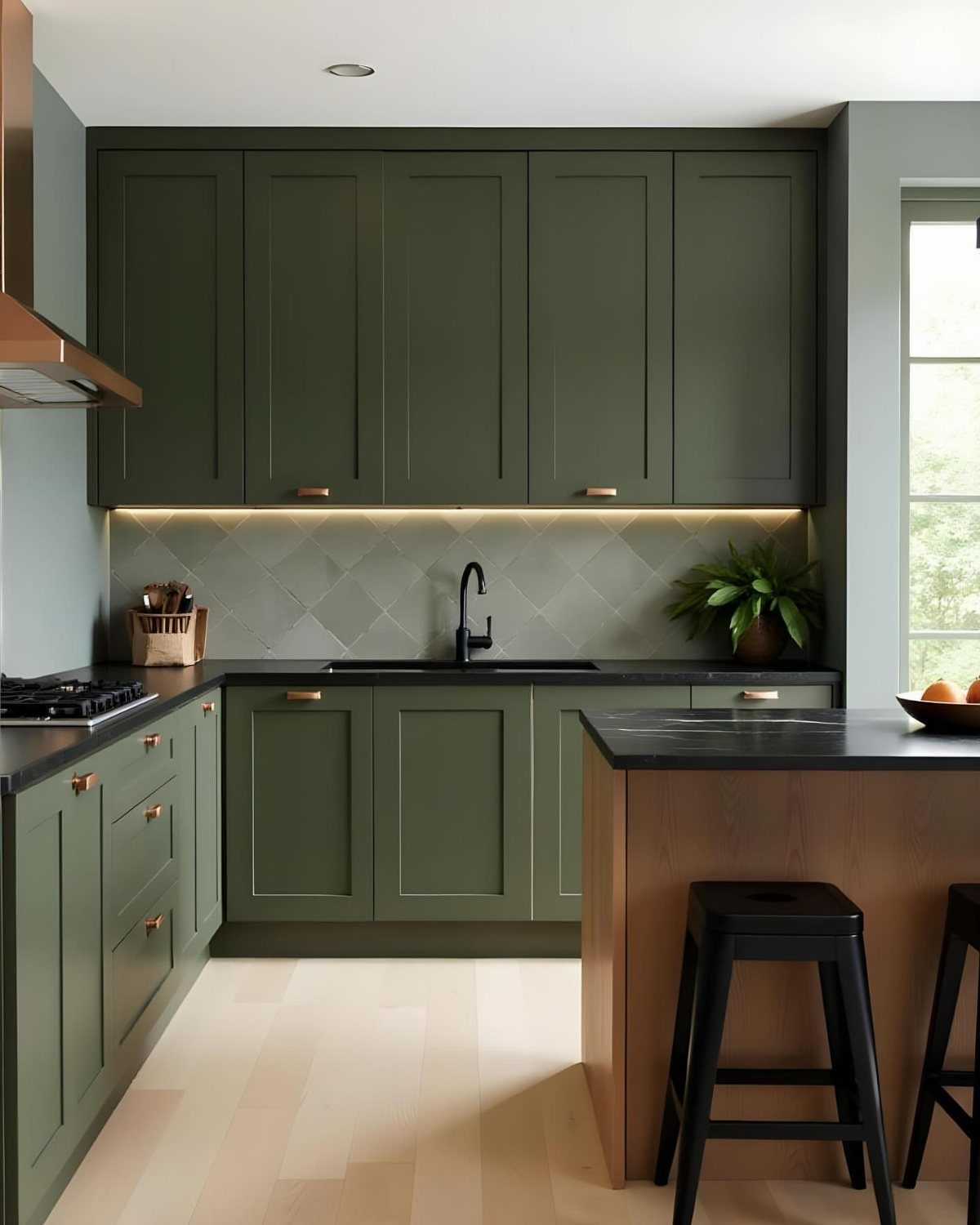 Green Kitchen Cabinets: 12 Ideas for Every Shade 1 Olive green kitchen cabinets with gold handles and a black countertop in a modern kitchen.