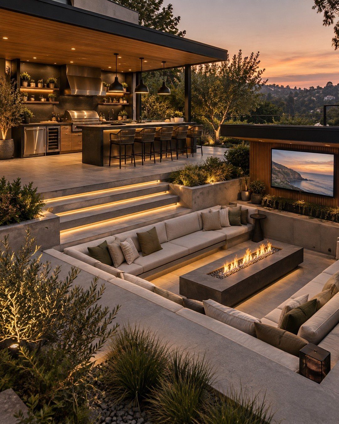 Modern outdoor patio featuring a covered grill station, bar seating, and a sunken lounge with a fire pit.