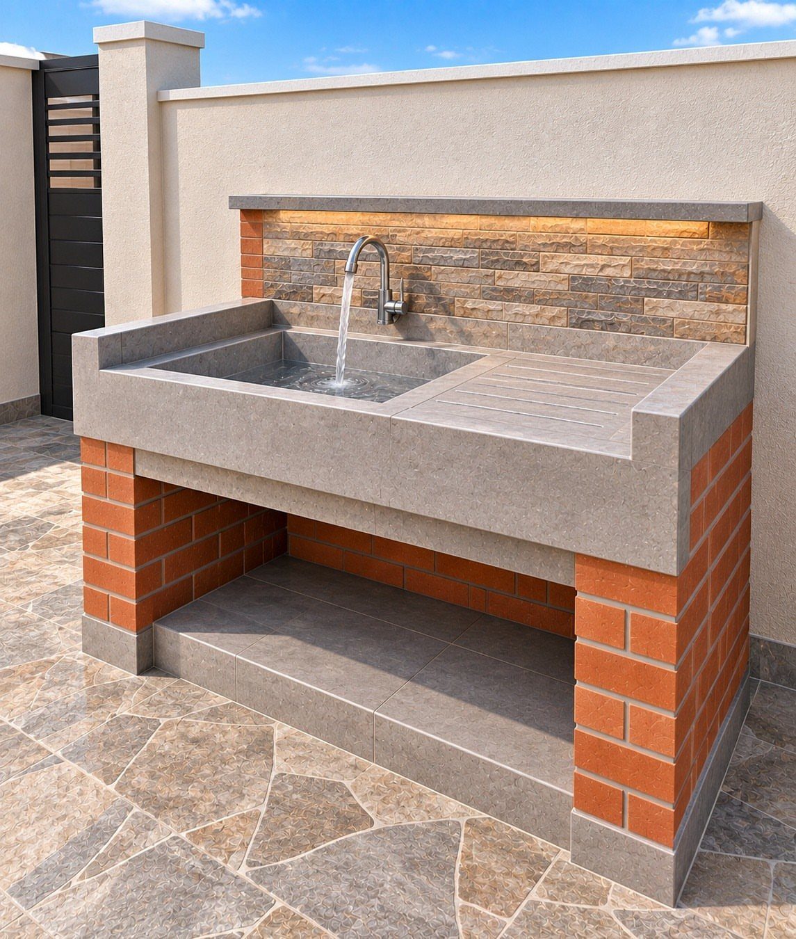A built-in outdoor stone sink station with running water and orange brick sides.